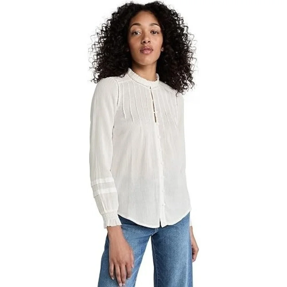 Faherty Willa Top Womens Medium Pintuck Gauze Cotton White Woven Boho Hippie - Picture 1 of 10